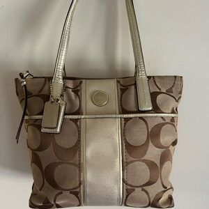 “Coach”  Beige and Brown with metallic gold accents Signature Tote